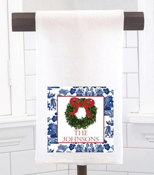 Personalized Chinoiserie Boxwood Wreath Flour Sack Tea Towel- Hostess Gift - Housewarming Gift