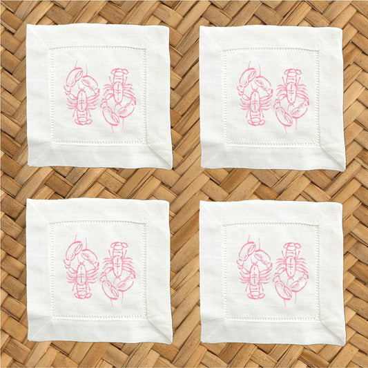 Hostess Gift For Friend, Pink Lobster Linen Cocktail Napkins - Set of 4