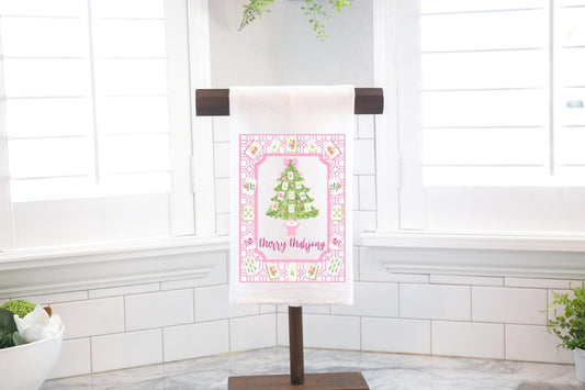Merry Mahjong Christmas Tree Flour Sack Tea Towel - Pink Chinoiserie