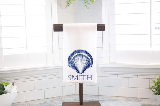 Personalized Custom Blue Scallop Shell Flour Sack Tea Towel - Gift for Oyster Lover