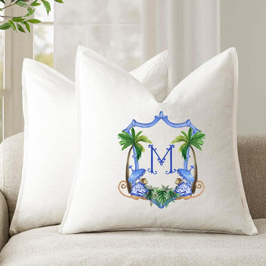 Personalized Chinoiserie Monkey Crest Linen Pillow Cover, 22" Square