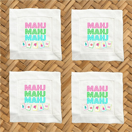 Mahj Mahj Mahj Linen Cocktail Napkins -  6 x 6 Inch Cloth Hemstitch Fabric Napkins - Set of 4