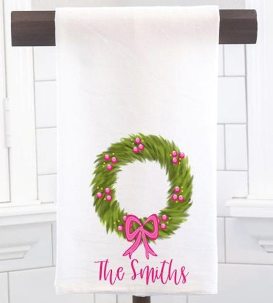 Personalized Christmas Wreath Flour Sack Tea Towel - Hostess Gift - Housewarming Gift