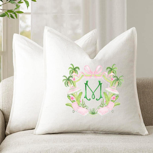 Personalized Linen Pillow Cover, Chinoiserie Palm Beach Crest, Wedding Gift