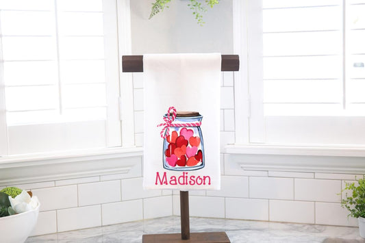Personalized Jar Of Hearts Flour Sack Tea Towel - Hostess Gift - Housewarming Gift - Valentines Day