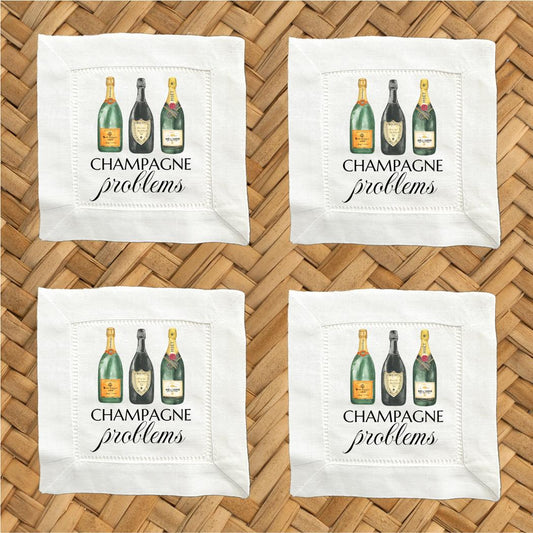 Champagne Problems Linen Cocktail Napkins -  6 x 6 Inch Cloth Hemstitch Fabric Napkins - Set of 4