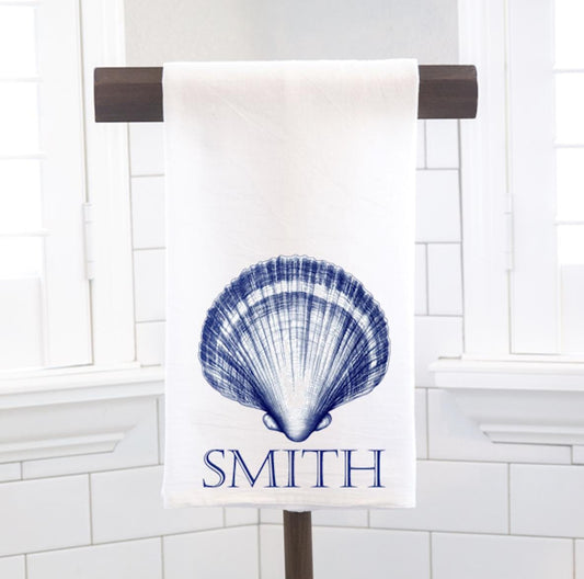 Personalized Custom Blue Scallop Shell Flour Sack Tea Towel - Gift for Oyster Lover