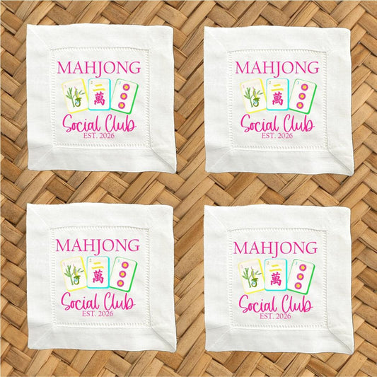 Mahjong Social Club Linen Cocktail Napkins -  6 x 6 Inch Cloth Hemstitch Fabric Napkins - Set of 4