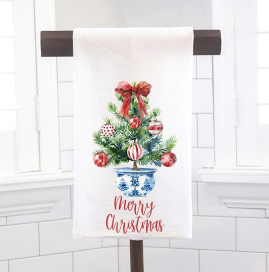 Chinoiserie Christmas Tree Flour Sack Tea Towel - Hostess Gift - Housewarming Gift