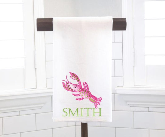 Personalized Custom Pink Green Lobster Flour Sack Tea Towel - Preppy Gift