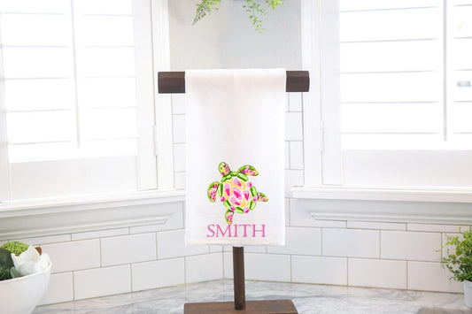 Personalized Custom Pink Green Turtle Flour Sack Tea Towel - Preppy Gift