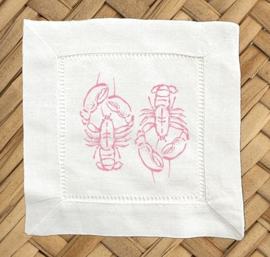 Hostess Gift For Friend, Pink Lobster Linen Cocktail Napkins - Set of 4