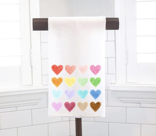 Watercolor Hearts Flour Sack Tea Towel - Hostess Gift - Housewarming Gift - Valentines Day - One Love
