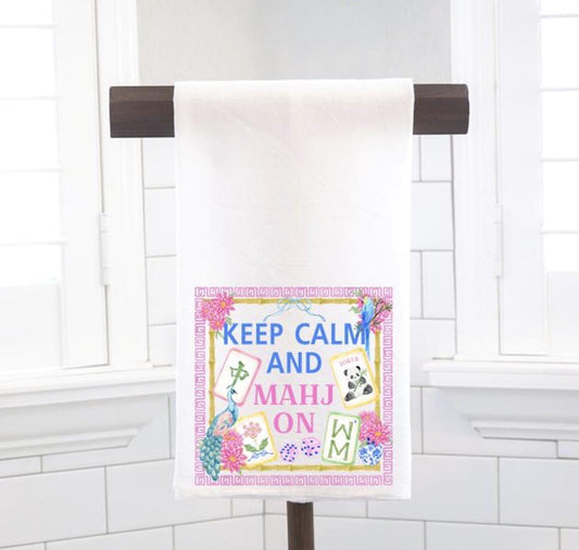 Mahjong Gift Keep Calm And Mahj On Flour Sack Tea Towel, Pink Preppy Mahjong Kitchen Decor