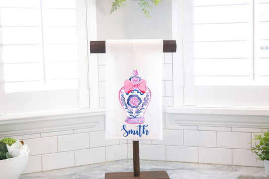 Personalized Chinoiserie Ginger Jar Flour Sack Tea Towel - Hostess Gift - Housewarming Gift - Custom