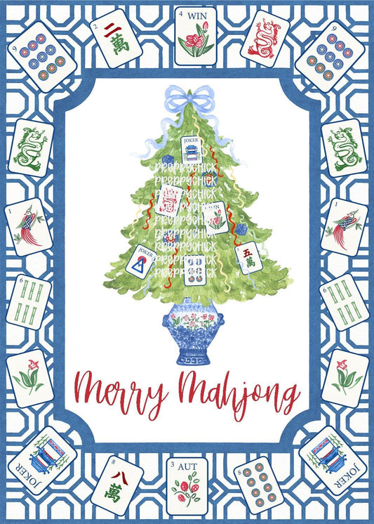 Merry Mahjong Christmas Tree Flour Sack Tea Towel - Blue Chinoiserie