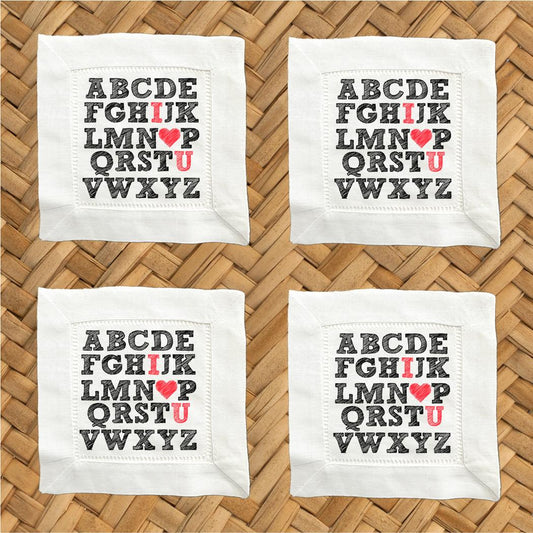 Valentine Alphabet Linen Cocktail Napkins - Hemstitch Fabric, Set of 4