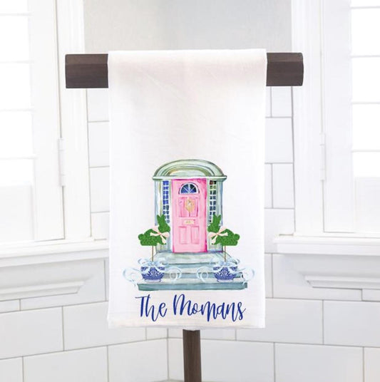 Personalized Chinoiserie Spring Front Door Flour Sack Tea Towel - Hostess Gift - Housewarming Gift - Custom