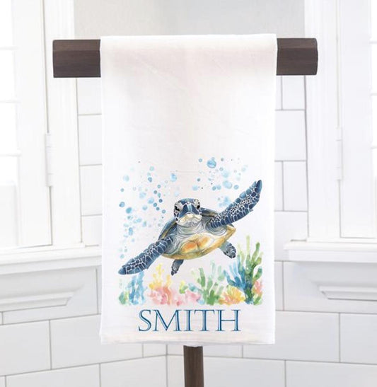 Personalized Custom Sea Turtle Flour Sack Tea Towel - Gift for Turtle Lover