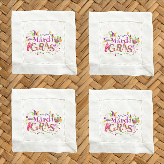 Mardi Gras Linen Cocktail Napkins, Hemstitch Set of 4