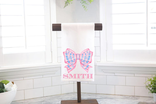 Personalized Pastel Pink Spring Easter Bow Topiary Flour Sack Tea Towel - Hostess Gift - Housewarming Gift - Custom