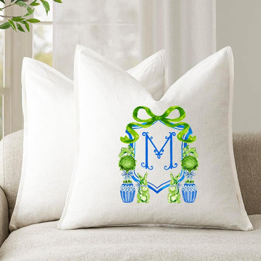 Personalized Chinoiserie Easter Bunny Topiary Crest Linen Pillow Cover, 22" Square