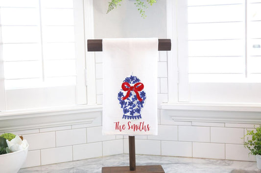 Personalized Chinoiserie Ginger Jar Red Bow Flour Sack Tea Towel- Hostess Gift - Housewarming Gift