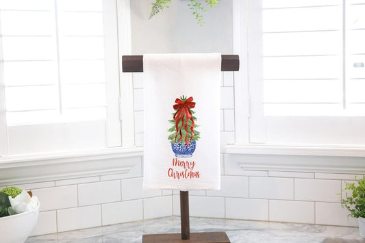 Merry Christmas Chinoiserie Tree Flour Sack Tea Towel - Hostess Gift - Housewarming Gift