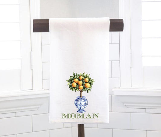 Personalized Custom Florida Orange Chinoiserie Topiary, Palm Beach Flour Sack Tea Towel - Preppy Gift