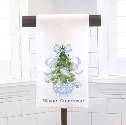 Chinoiserie Christmas Tree Oyster Shells Flour Sack Tea Towel - Hostess Gift - Housewarming Gift