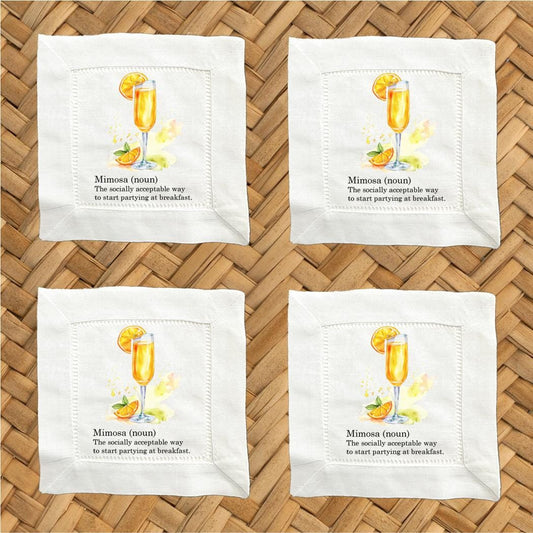 Mimosa Linen Cocktail Napkins - Hemstitch Cloth Napkins, Set of 4