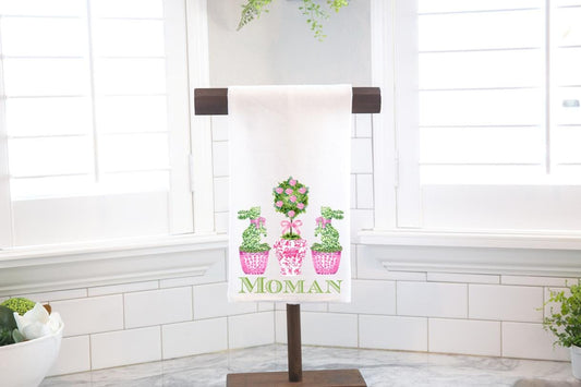 Personalized Chinoiserie Easter Topiary Tea Towel – Pink Spring Decor