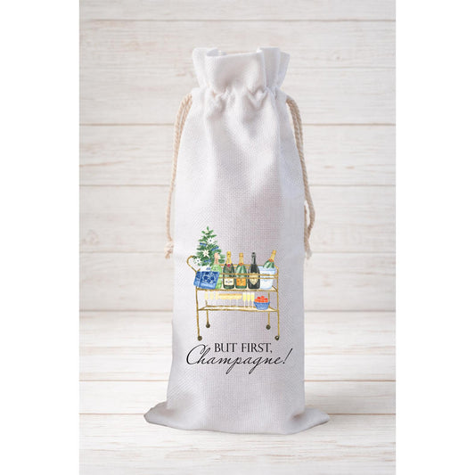 But First Champagne, Wine Bottle Gift Bag – Reusable Drawstring Canvas Bag