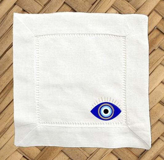 Evil Eye Linen Cocktail Napkins - Hemstitch Fabric, Set of 4