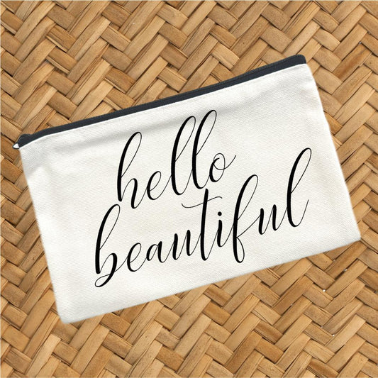 Hello Beautiful, Canvas Pouch, Travel Cosmetic Bag