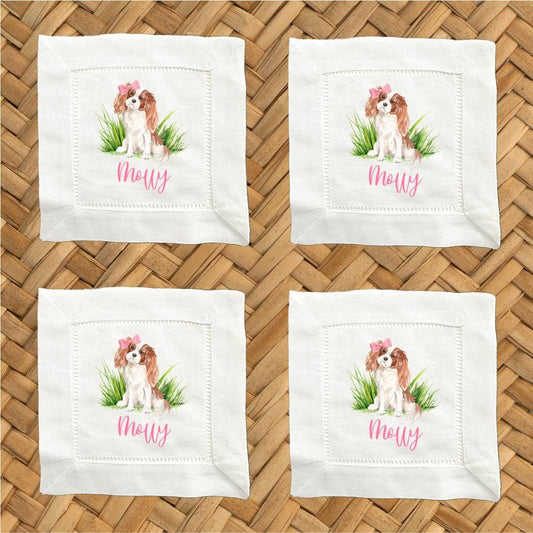 Personalized Cavalier King Charles Spaniel Linen Napkins – Hemstitch Cocktail Napkins, Set of 4