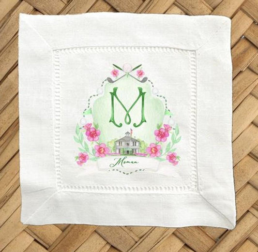 Personalized Custom Augusta Golf Crest Linen Cocktail Napkins - Hemstitch Cloth Napkins, Set of 4