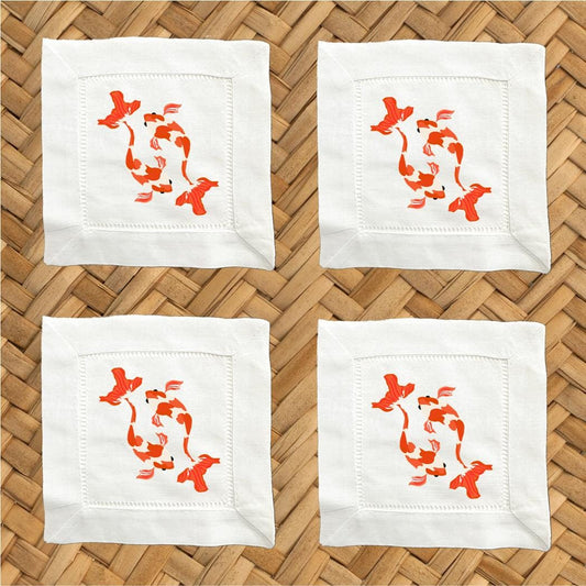 Koi Fish Linen Cocktail Napkins - Hemstitch Fabric, Set of 4