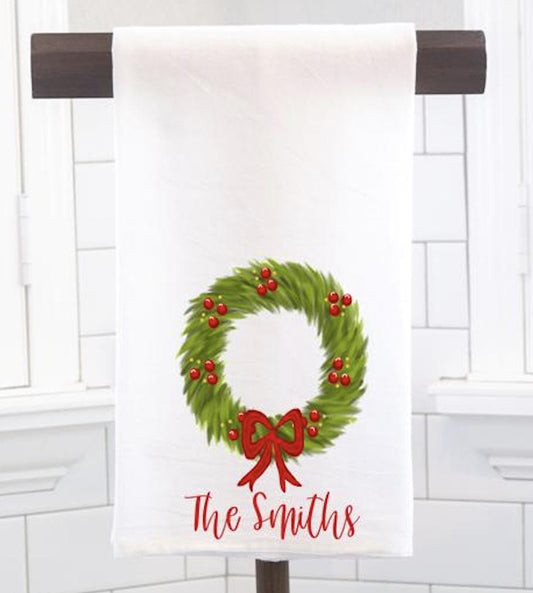 Personalized Christmas Wreath Flour Sack Tea Towel- Hostess Gift - Housewarming Gift