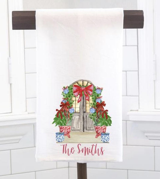 Personalized Christmas Front Porch Flour Sack Tea Towel- Hostess Gift - Housewarming Gift