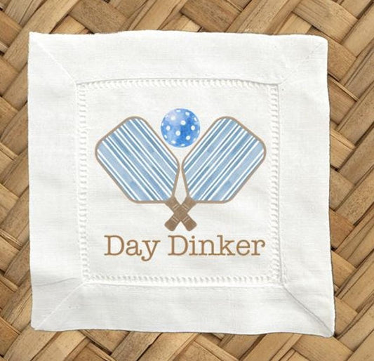 Day Dinker Blue Pickleball Linen Cocktail Napkins -  6 x 6 Inch Cloth Hemstitch Fabric Napkins - Set of 4