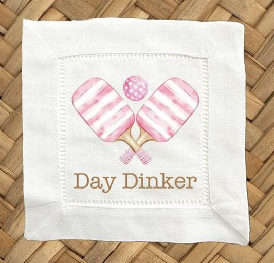Day Dinker Pink Pickleball Linen Cocktail Napkins -  6 x 6 Inch Cloth Hemstitch Fabric Napkins - Set of 4