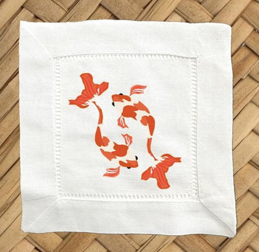 Koi Fish Linen Cocktail Napkins - Hemstitch Fabric, Set of 4