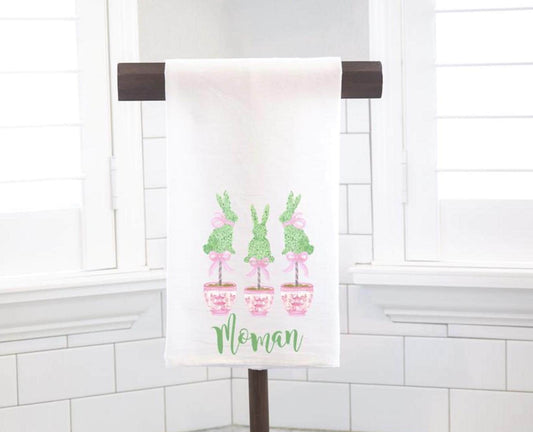 Personalized Easter Topiary Tea Towel – Pink Chinoiserie Flour Sack