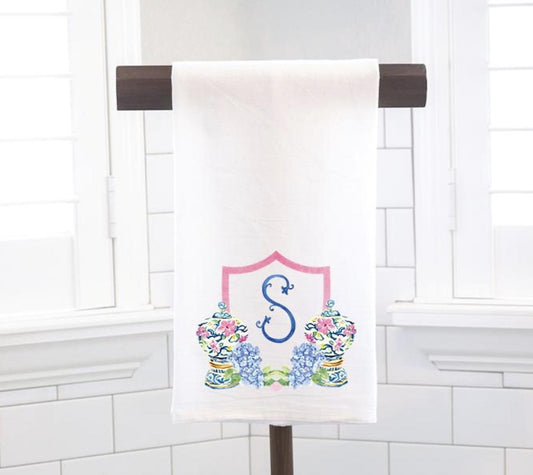 Personalized Custom Hydrangea Chinoiserie Wedding Crest, Palm Beach Flour Sack Tea Towel - Preppy Gift