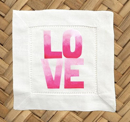 Love Linen Cocktail Napkins - Hemstitch Valentine's Day Napkins, Set of 4