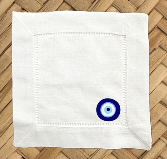 Evil Eye Linen Cocktail Napkins - Hemstitch Fabric, Set of 4