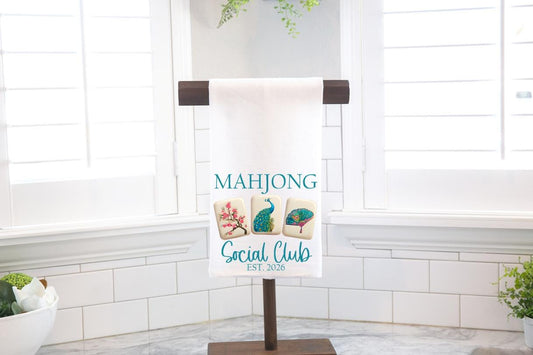 Mahjong Social Club, Mahj Squad Flour Sack Tea Towel – Mahjong Hostess Gift - Preppy - Peacock