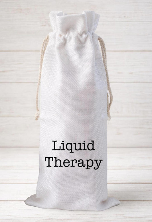 Liquid Therapy, Funny Wine Bottle Gift Bag – Reusable Drawstring Canvas Bag