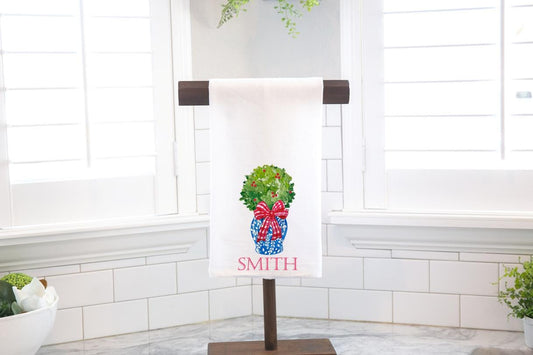 Personalized Christmas Chinoiserie Topiary Flour Sack Tea Towel - Hostess Gift - Housewarming Gift